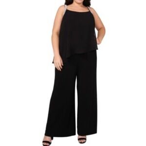 MSK Women Plus Size 3X Black Overlay Jumpsuit Rhinestone Trim Wide Leg New